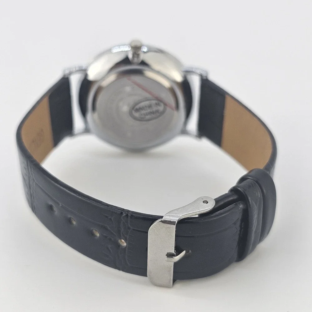 Men Analog Watch 38MM Roman Numerals White Dial Black Leather Bands New Battery